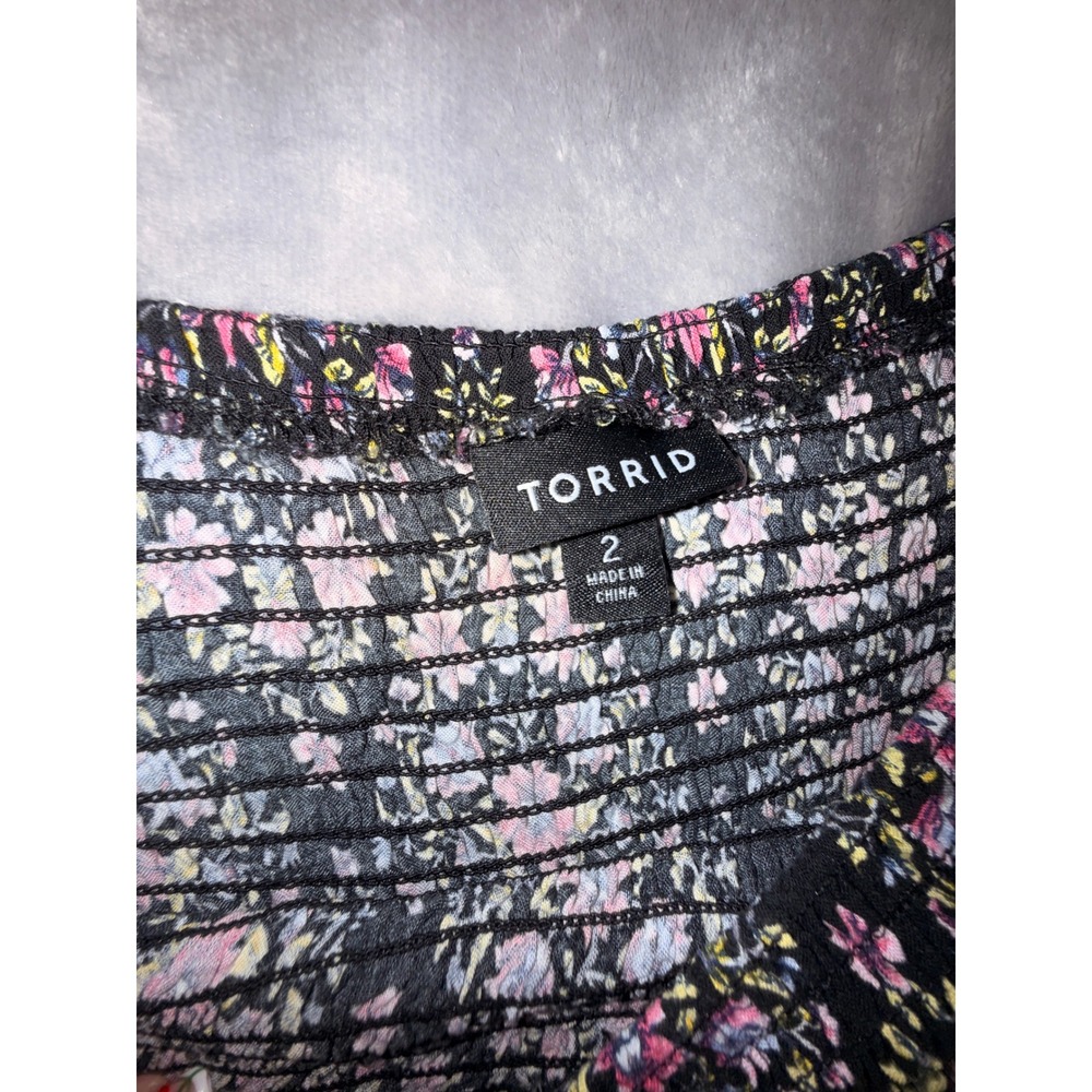 Torrid Womens Black Pink Floral Smocked Off The Shoulder Bell Sleeve Mini Dress - Picture 9 of 13